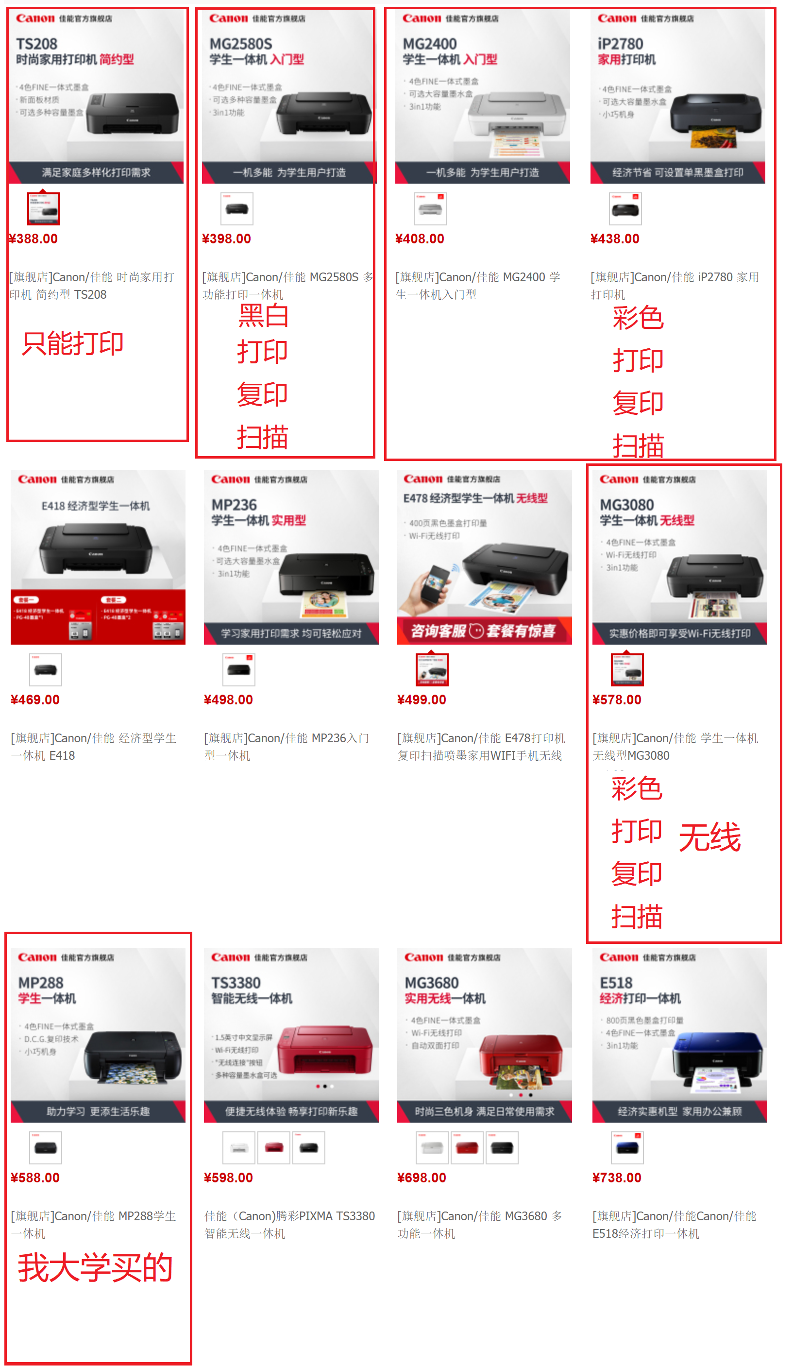 佳能打印机对比